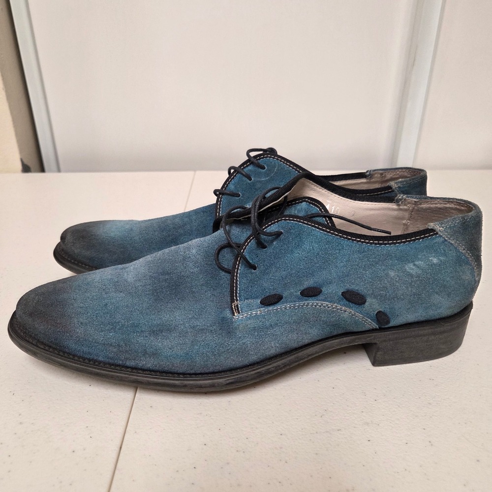 Bacco Bucci Mens Blue Suede Derby Shoes Size 9 Made In Italy Burnished Toe